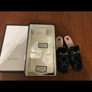 Gucci monogram navy blue velvet mules loafers